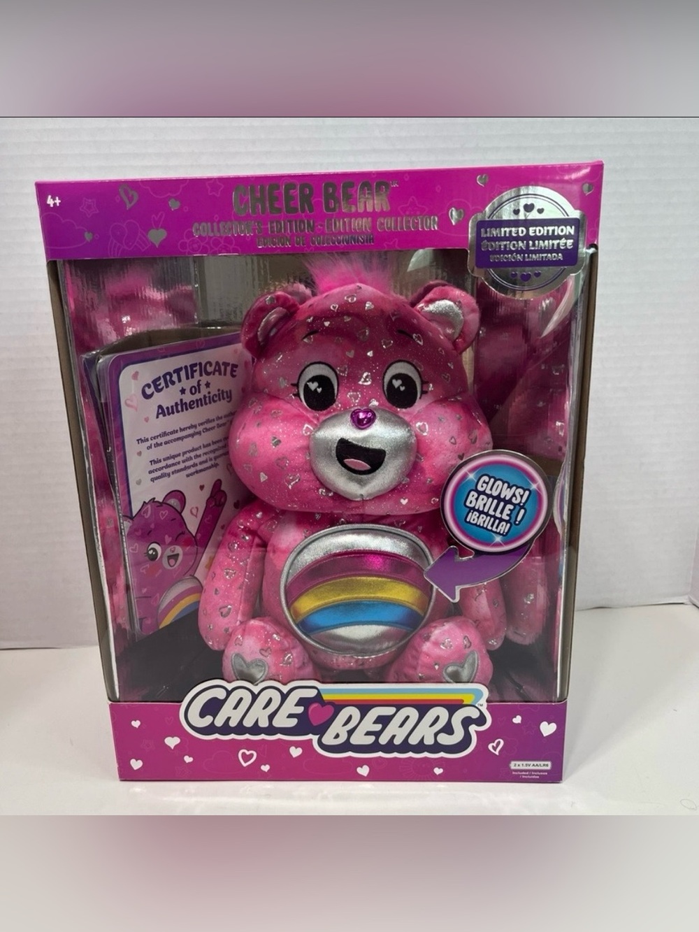 CARE BEARS Cheer Bear collector edition glows NWT here to cheer plush doll